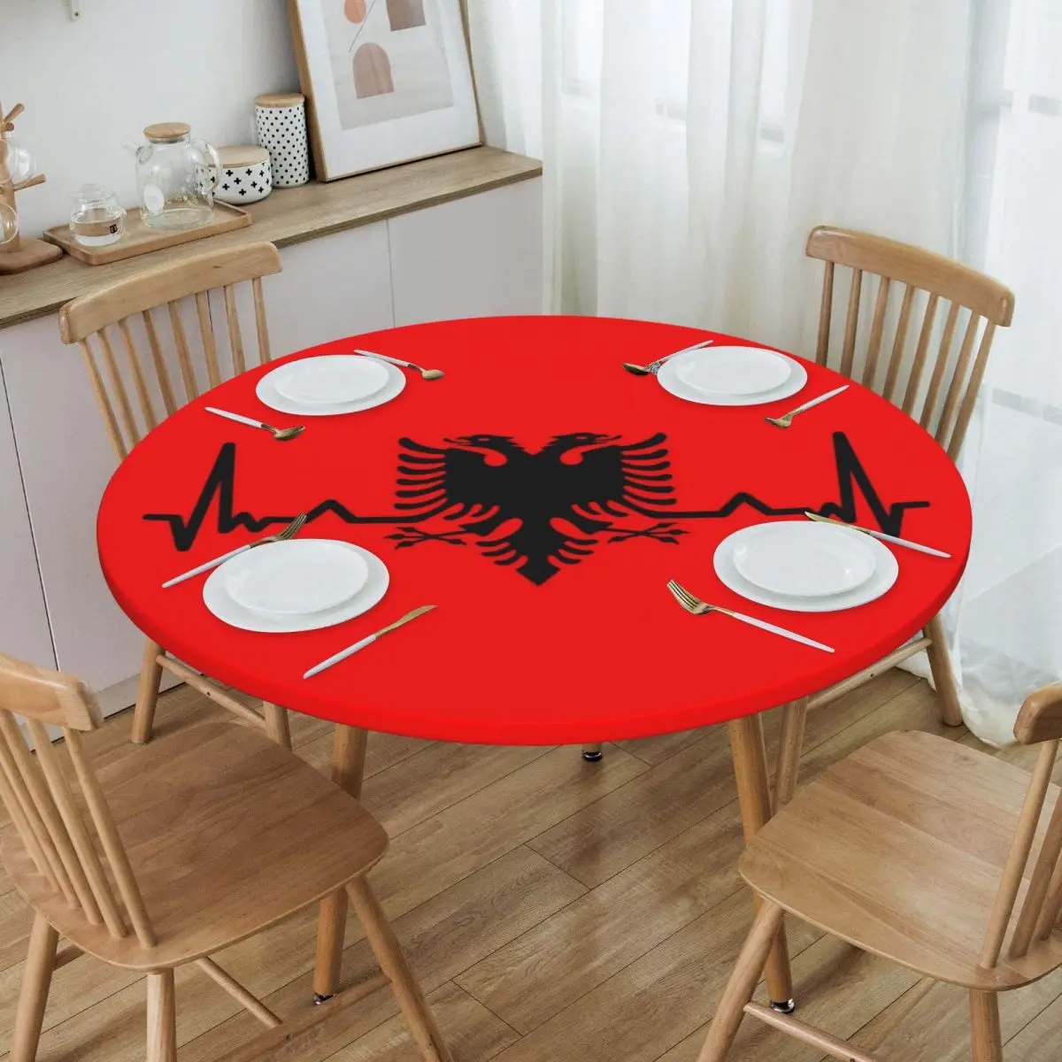 

Round Fitted Heartbeat Albania Flag Table Cloth Oilproof Tablecloth 45"-50" Table Cover Backed with Elastic Edge