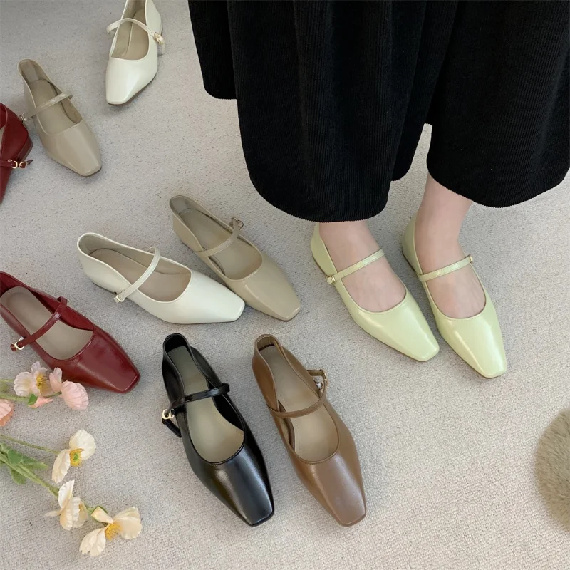 Spring Square Toe Ballet Shoes Fashion Low Heel Mary Jane Shoes Silver Shallow Buckle Soft Sole Shoes