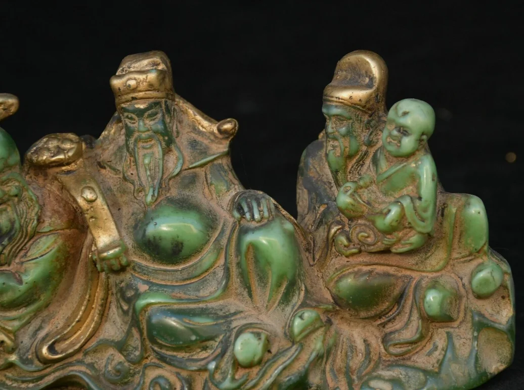 6 дюймов старый зеленый нефрит позолоченная резьба 3 долголетия Бог Фу Лу Шоу