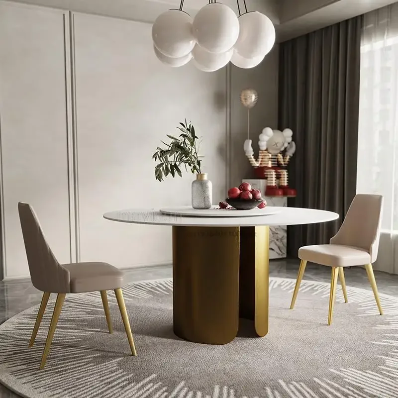 

Simple Modern Luxury Dinning Tables Chairs Household Person Round Table Turntable White Dining Room Mesa De Billar Furniture GM