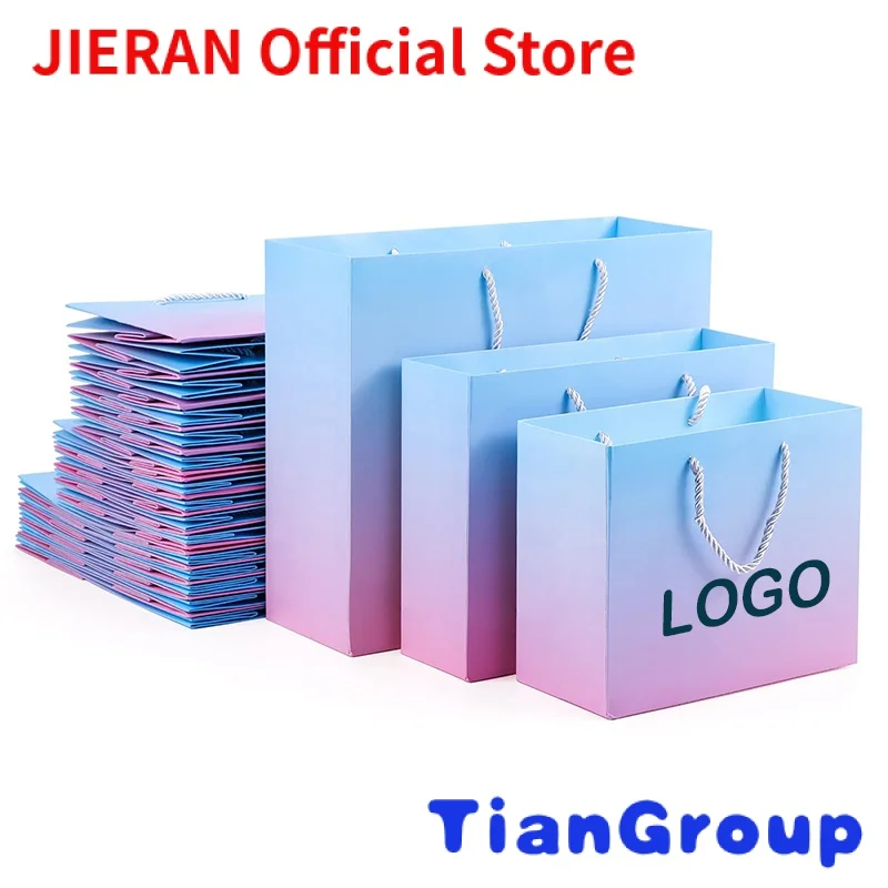 

Custom Brands Printed Logo Blue Pink Colorful Boutique Paper Luxury Gift Clothing Packing Bag Shopping Bags With Rope Handle