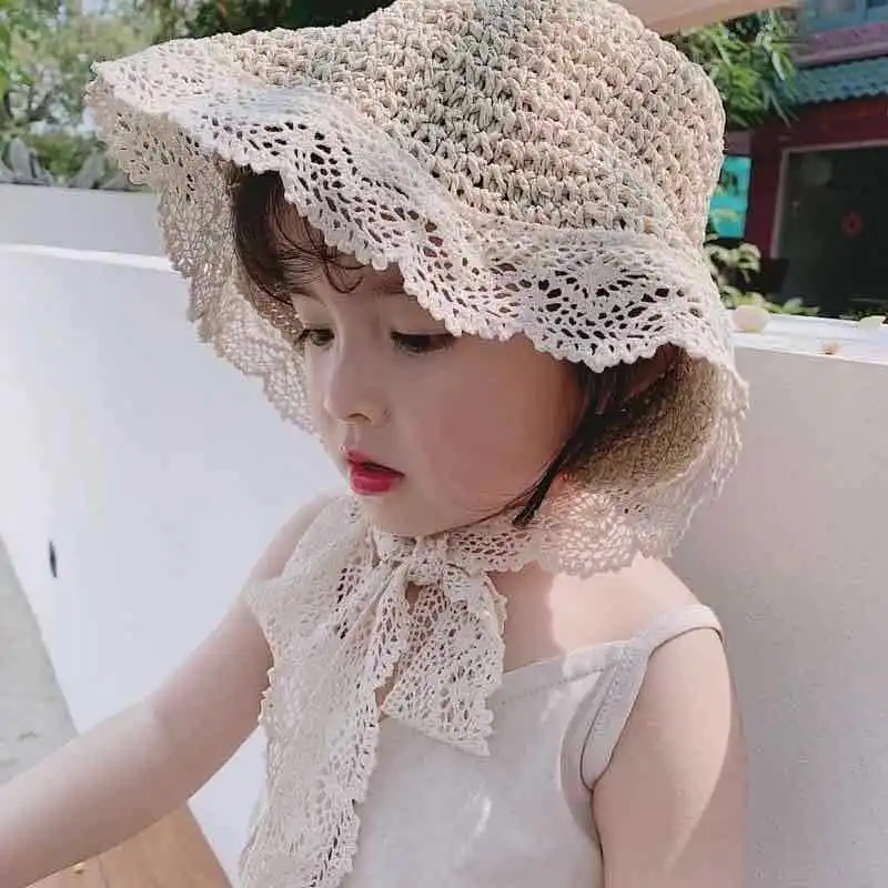 

202302-2509419-yz chic SUMMER Lolita Pastoral Hand crochet lace brim can fold Parent-child kids girl sun cap child leisure hat