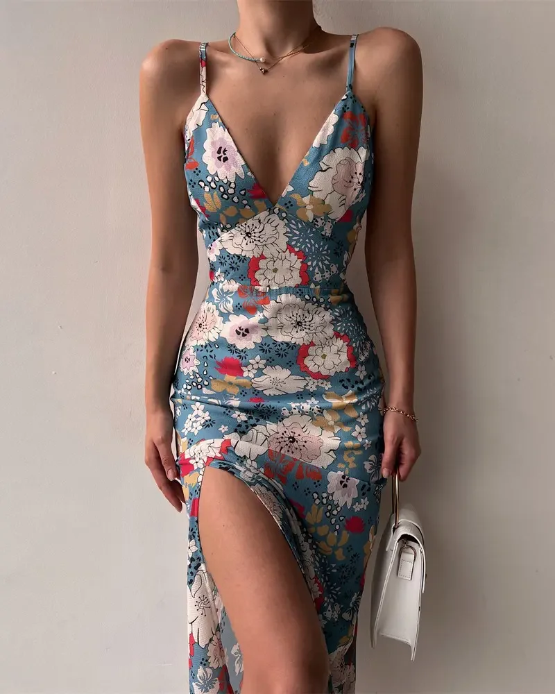 

CHAXIAOA 1 Piece Summer 2022 Women Sexy Lace-up Backless High Slit Floral Print Vintage Mid-Calf Dress
