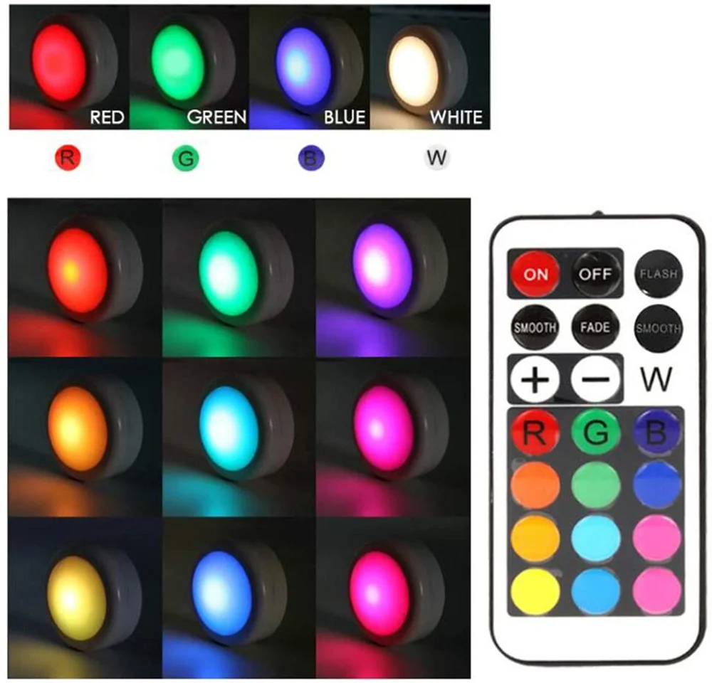 RGB 12 Colors LED Under Cabinet Light Dimmable Touch Sensor LED Puck Lights For Cupboard Close Wardrobe Stair Hallway Night Lamp