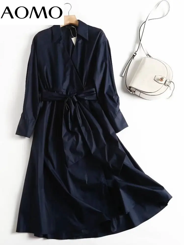 

AOMO 2022 Autumn Fashion Women Elegant Blue Cotton Dress Long Sleeve Office Ladies Midi Dress with Slash 4C107A