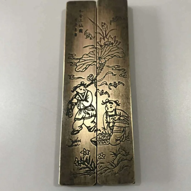 

Сборник китайской бронзы Hehe Two Boy God Lotus Leaf Weight (принадлежности для библиотеки)