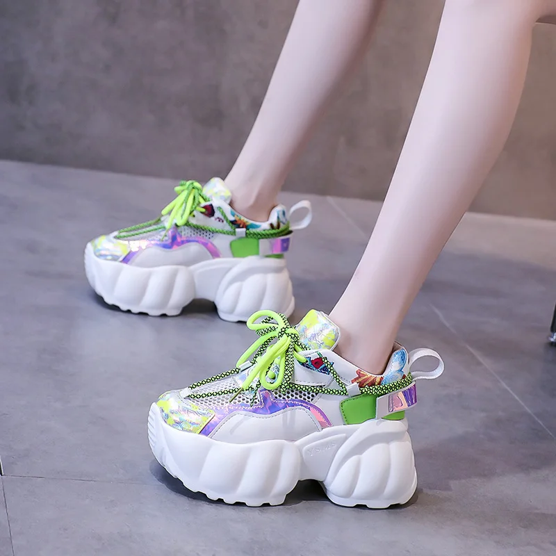 

Fashion Autumn Women Mesh Chunky Sneakers Lace-up 7CM Hidden Heel Shoes for Women Breathable Leather Casual Platform Dad Shoes