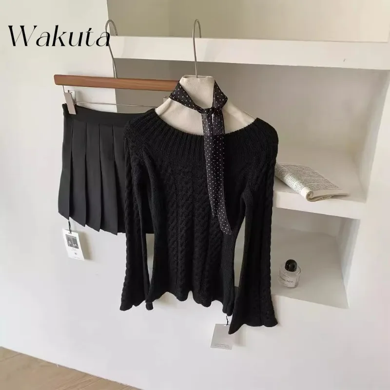 WAKUTA Retro Korean Gentle Wind One-line Collar Long-sleeved Knit Sweater Female Fall Youth Campus Style Slim Strapless Blouses