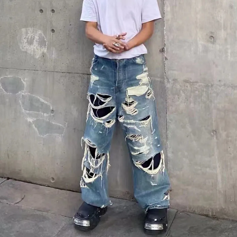 

Destroyed Oversize Fashion Pants Men's Fit Trousers Denim Vibe Ripped Street Loose Distressed Style Hi Bottoms Hop Jeans Hip