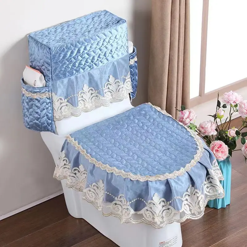 

Fyjafon 3pcs Toilet Seat Cover Blue Beige Tank Cover with storage bags Decorative Bathroom Toilet Overcoat Washable