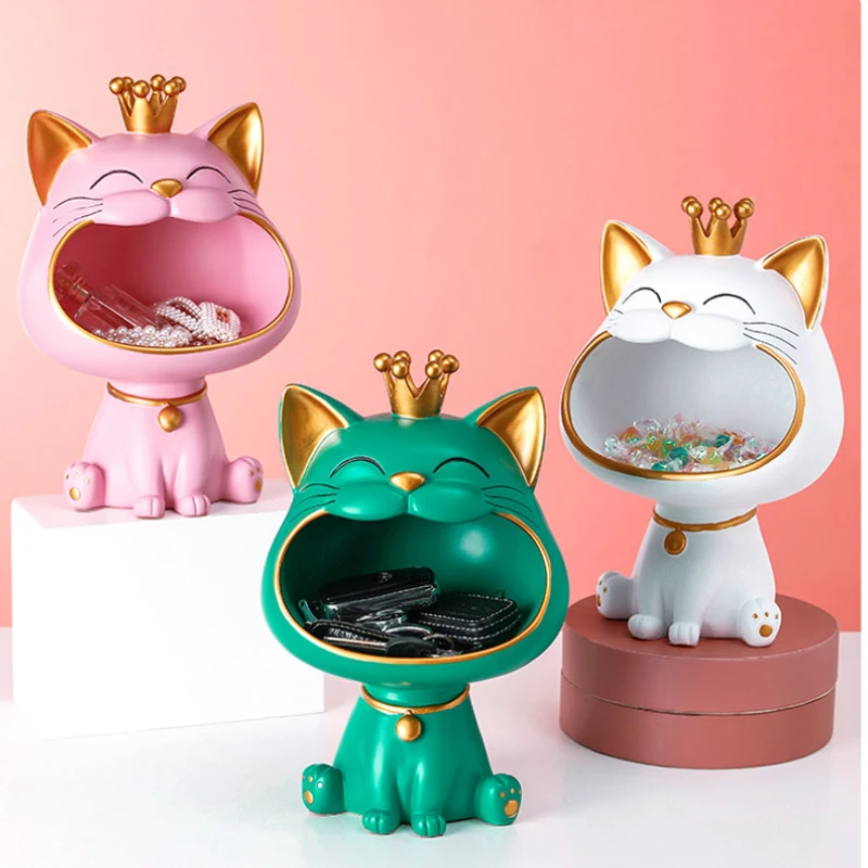 

Lucky Cat Statue Sculpture Table Decoration Miniature Figurine Sundries Storage Box Modern Living Room Desk Home Decor