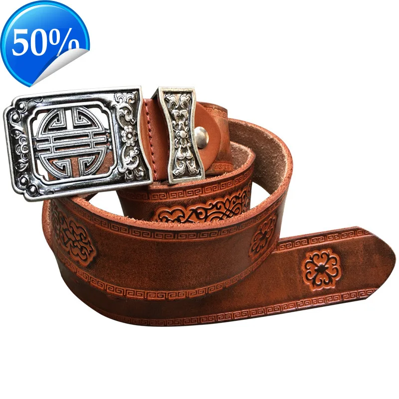 3.8CM Pattern Embossing Retro Cowskin Genuine Leather Belt for Men Quality Design Chinese Ethnic Style Male Jeans Strap
