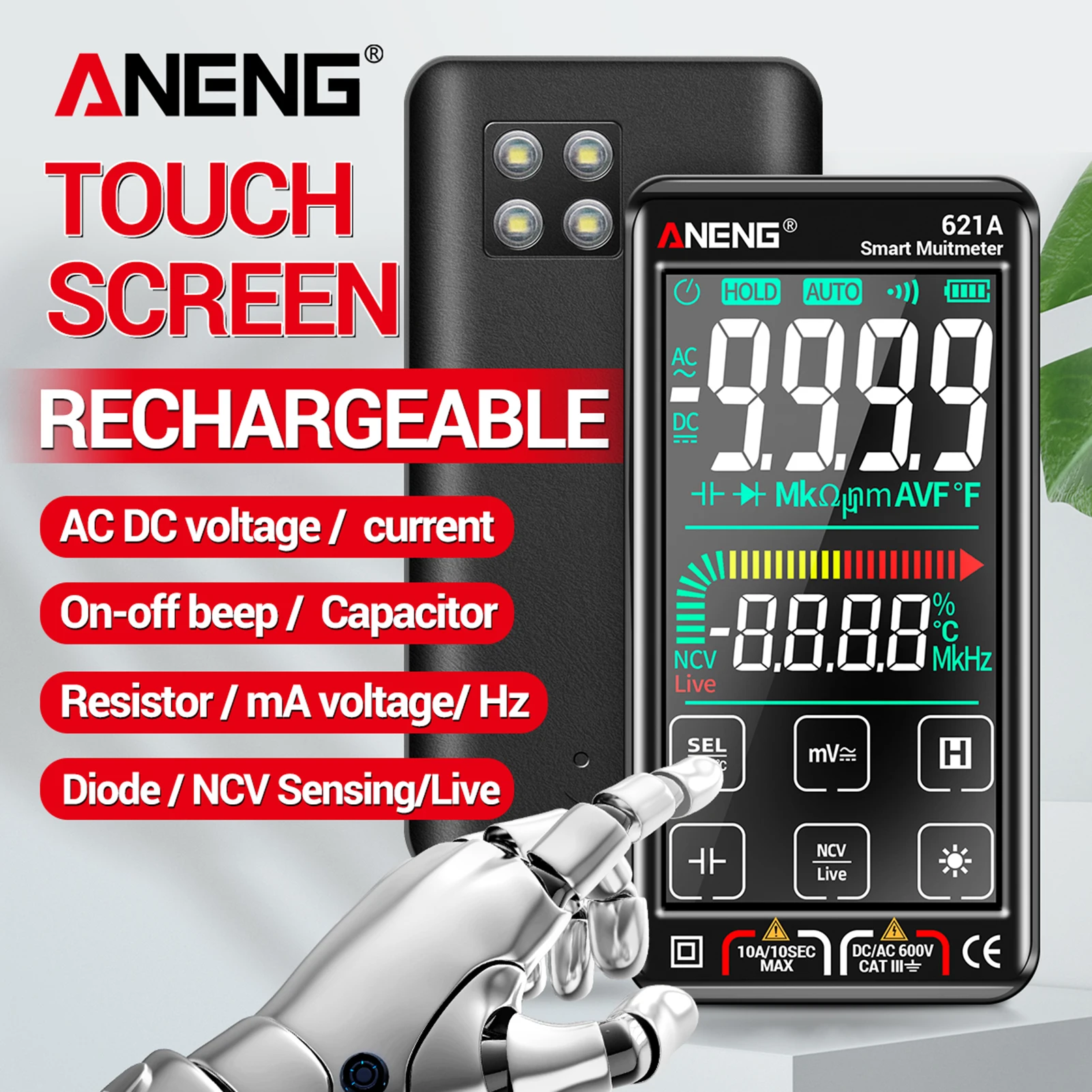 

ANENG 621A Digital Smart Multimeter Transistor Testers 9999 Counts True RMS Auto Electrical Capacitance Meter Temp Resistance