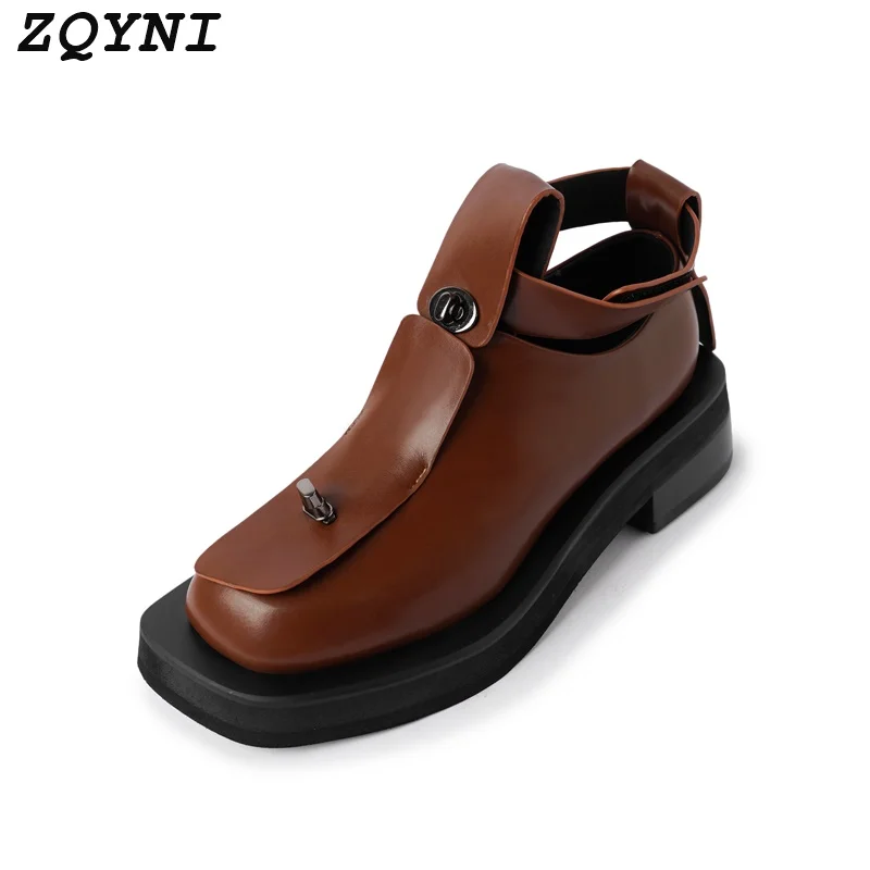 

ZQYNI Black Chelsea Women's Boots Belt Buckle and Square Point Short Boots Thick High Heels New in 2023