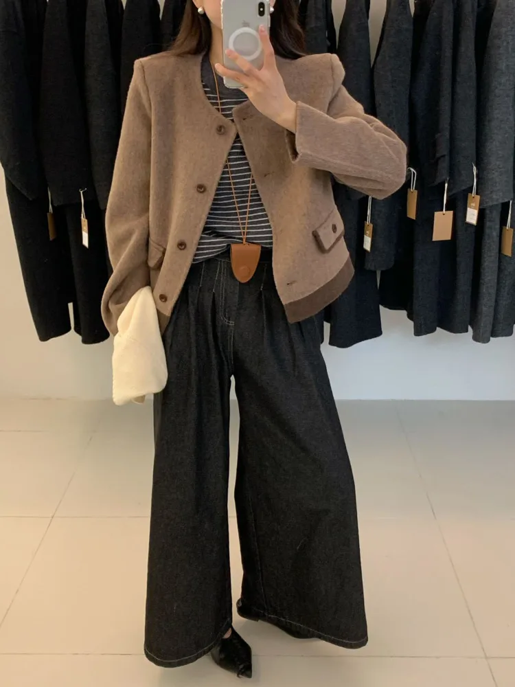 UCXQ Модная короткая куртка в европейском стиле с круглым вырезом и карманами