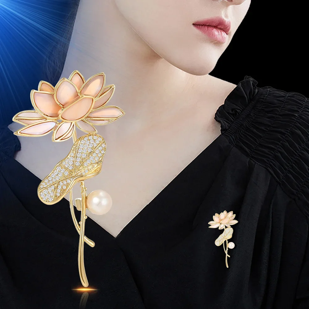 

Эмалированная брошь в виде цветка лотоса с кристаллами и жемчугом для женщин, женская брошь для офиса, булавки, подарки
