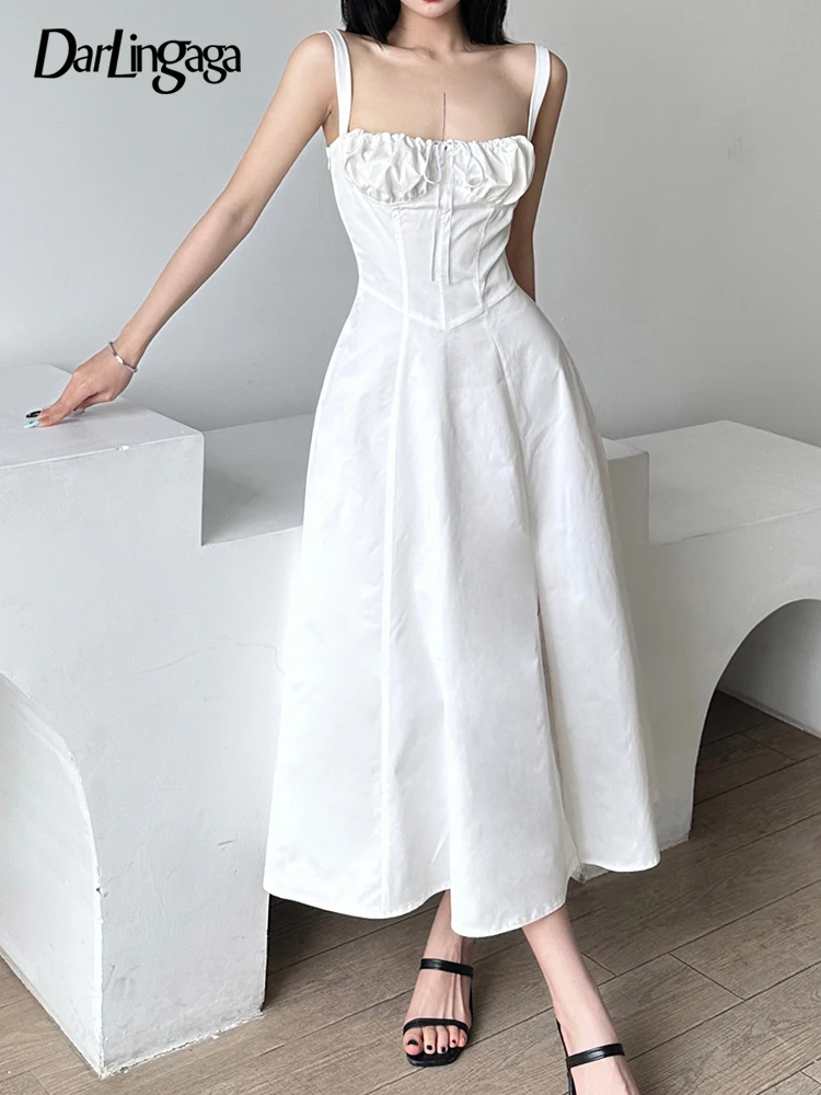

Darlingaga Strap Shirring Korean Fashion White Maxi Dress Holidays Shirring Tie Up Sundress Corset Women Slit Summer Dress Long