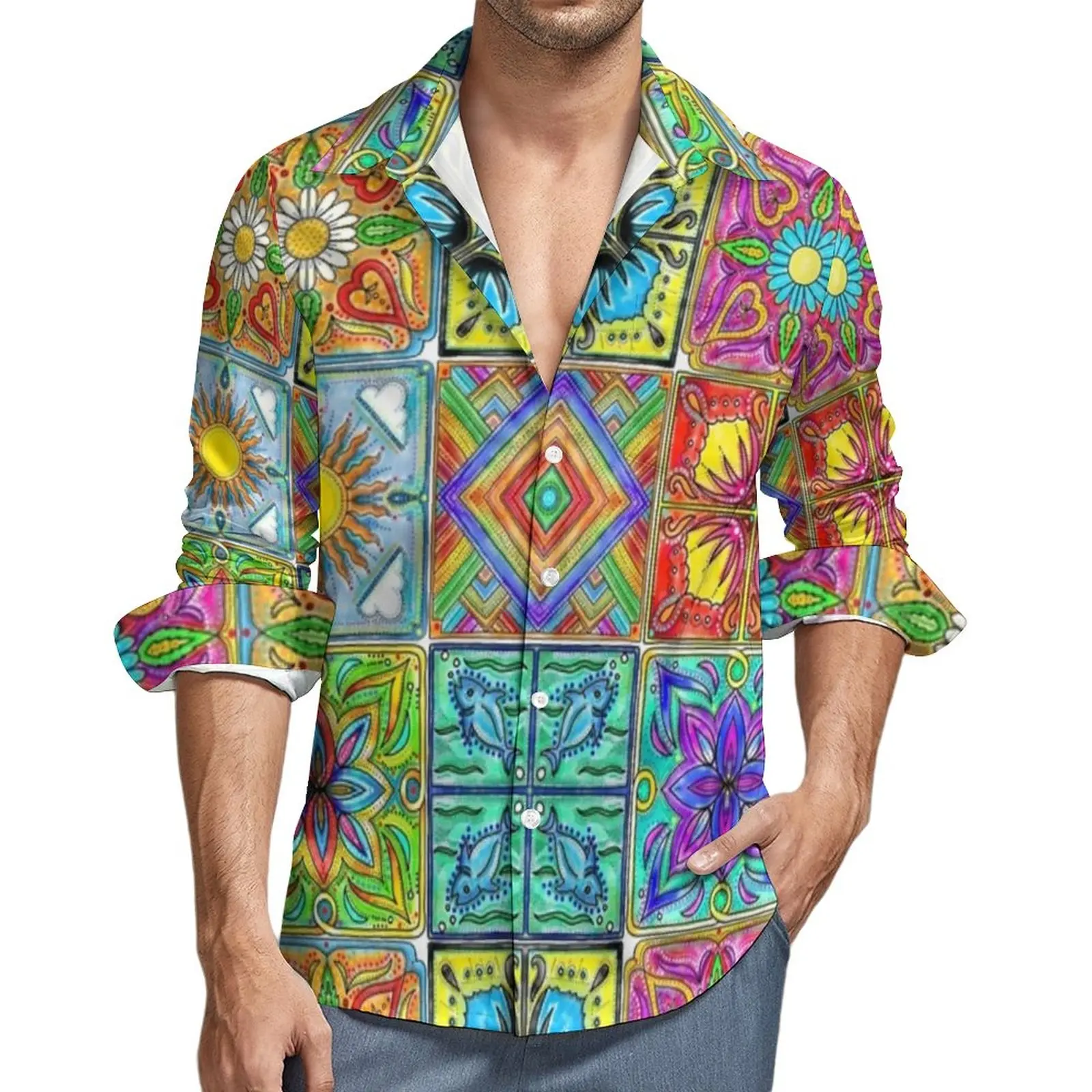 

Винтажная рубашка в стиле пэчворк, красочные повседневные рубашки с испанской плиточной тематикой, блузки в стиле оверсайз с длинным рукав...