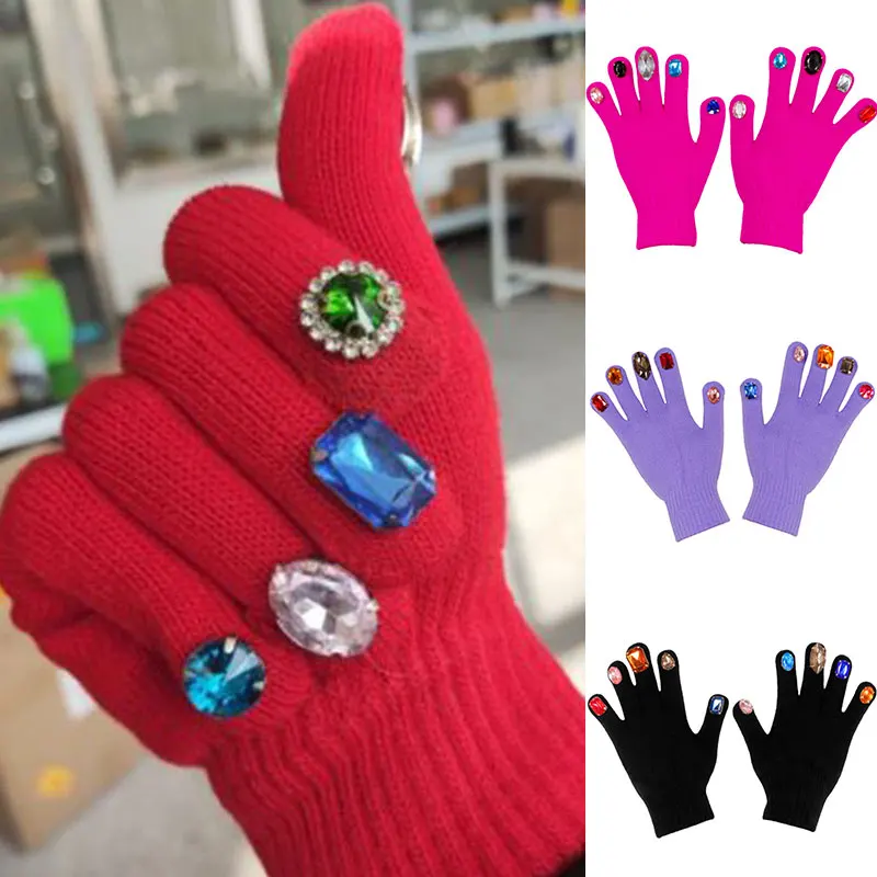

1 Pair Women Winter Gloves Candy Color Warm Diy Knitting Glove Rhinestone Nail Wrist Mittens Girls Luvas Guantes Handschoenen