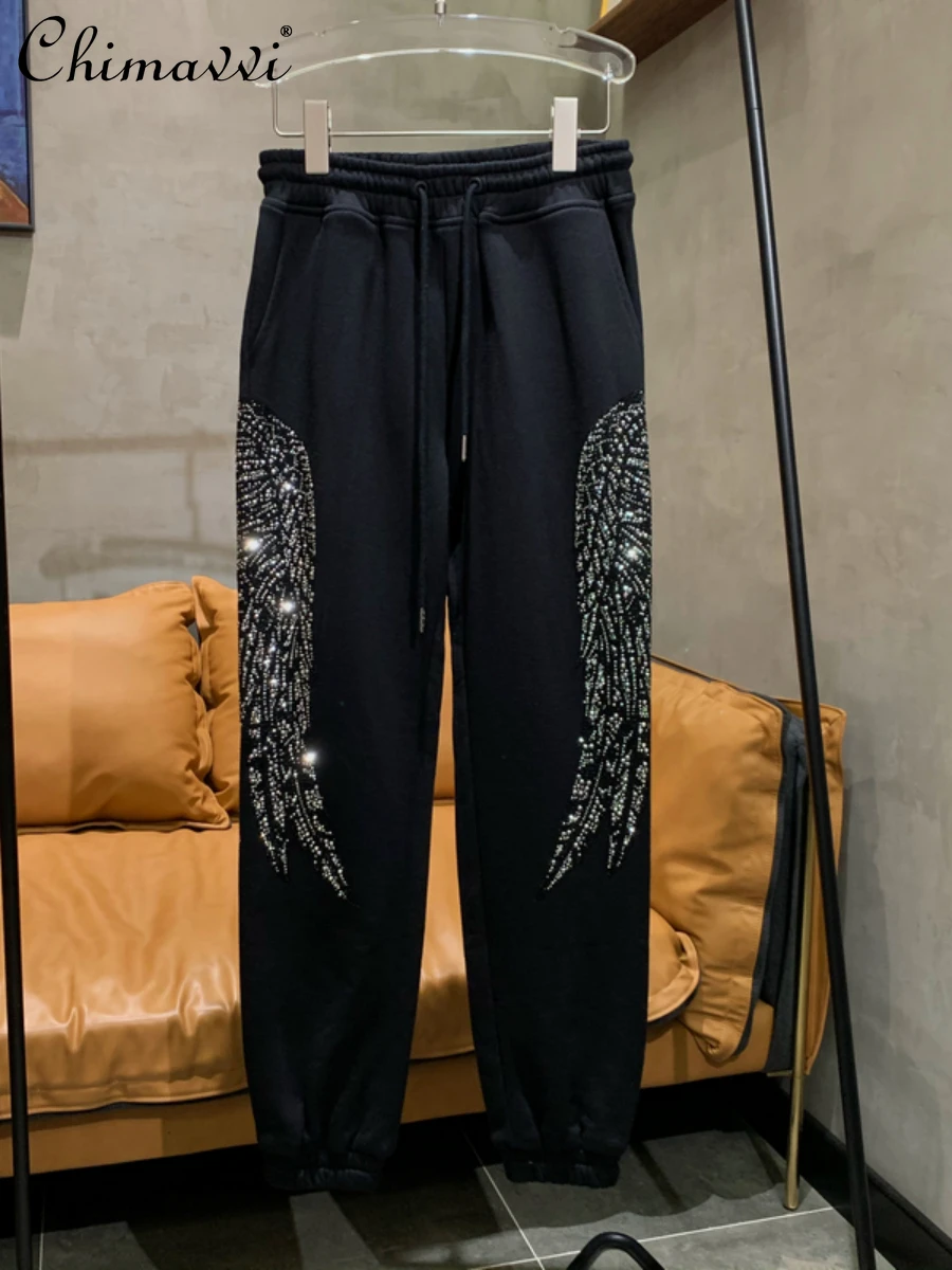 New Female 2022 Autumn Fashion Simple Hot Drilling Sweatpants Women's European Elegant Streetwear Casual Luxury Sports Pants