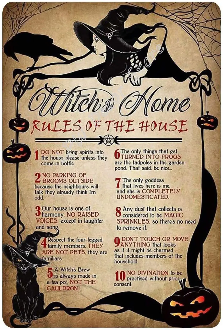 Ведьма Home Rules Of The House-металлическая жестяная вывеска ведьма ворона черная кошка