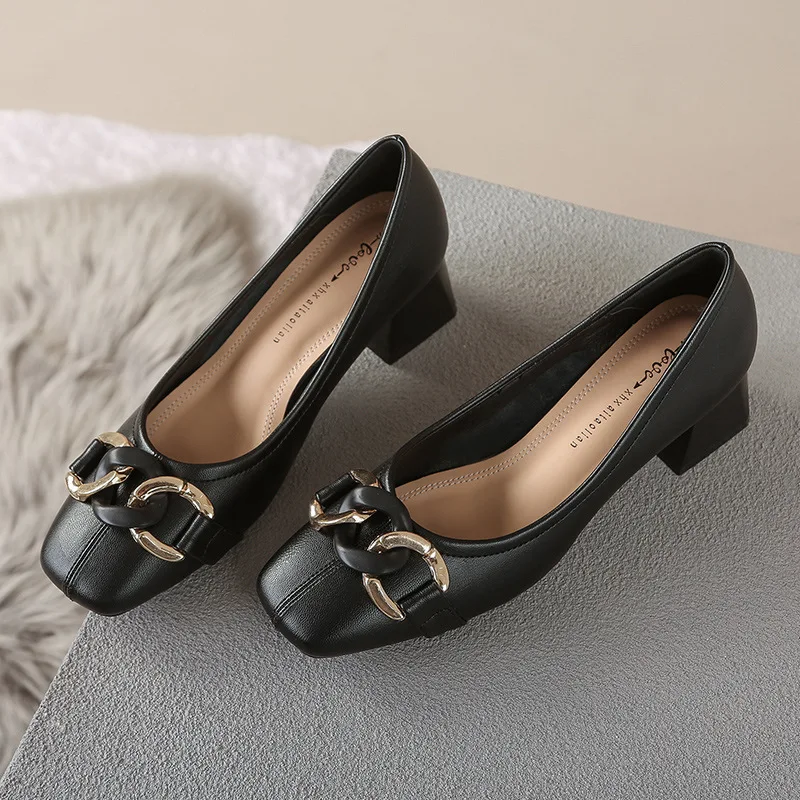 

2022 New Women Fashion Black Slip on Square Heel Pumps Lady Cool beige Comfort Summer Office Heel Shoes