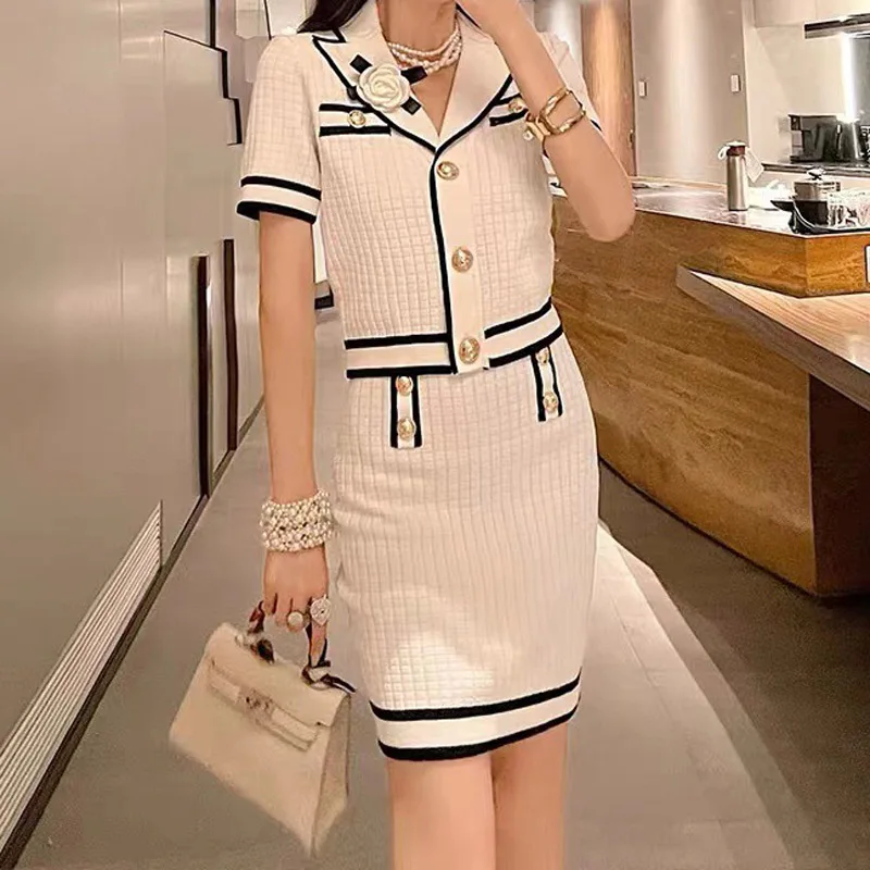 Office Lady Knitted Solid Skirts Set Casual Lapel Short Sleeve Cardigan Summer 2023 Elegant High Waist Mini Skirt Suit for Women