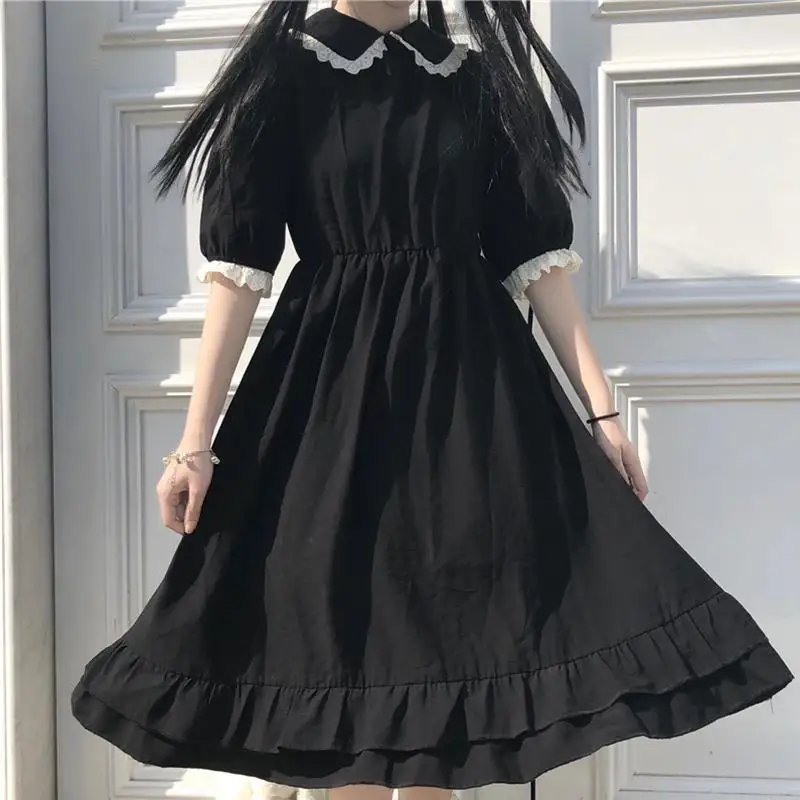 

Autumn Black Kawaii Lolita Style Dress Mori Girl Fairy Cute Lolita Peter Pan Collar Puff Sleeve Dress 2022 Fashion Women