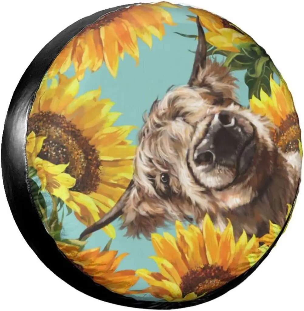 

Cow with Sunflowers in Blue Print Spare Tire Cover Waterproof Universal Wheel Cover Dust-Proof Tire Wheel Protector 14" 15" 16"