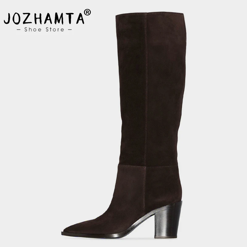 

JOZHAMTA Size 36-43 Women Knee High Boots Genuine Leather Chunky High Heels Shoes For Women Winter Suede Luxury Brand Long Boots