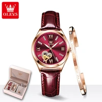 olevs womens mechanical watch luxury suit bracelet and necklace fashion leather waterproo automatic watches for women 6636