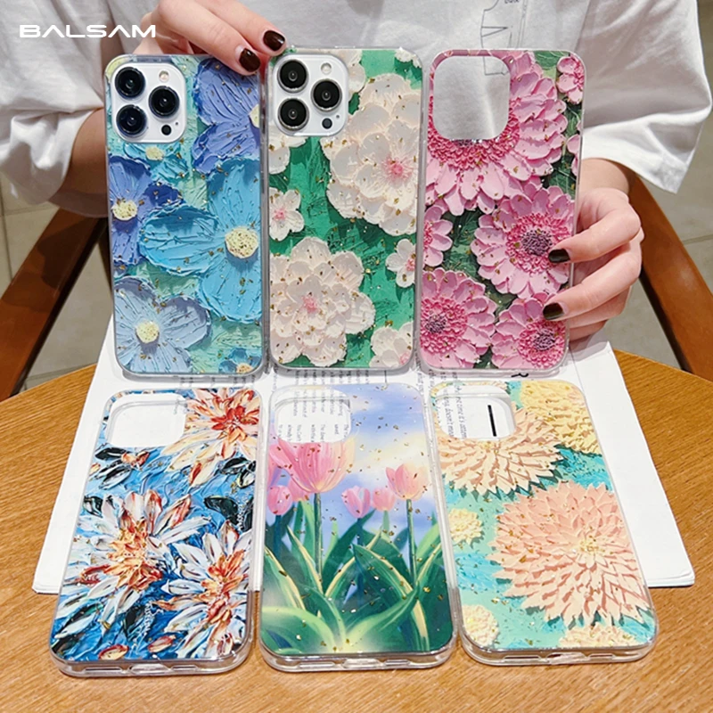 

Luxury Gold Foil Glitter Retro Flowers Phone Case For iPhone 13 Pro 12 Mini 11 MAX X XS XR 7 8 Plus SE2022 Soft Shockproof Cover