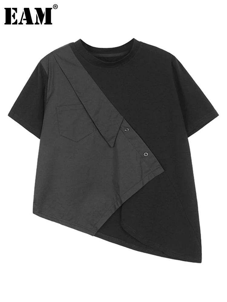 

[EAM] Женская Черная Повседневная футболка с асимметричным подолом большого размера, новая модная футболка с круглым вырезом и коротким рукавом, весна-лето 2023 1DF7349