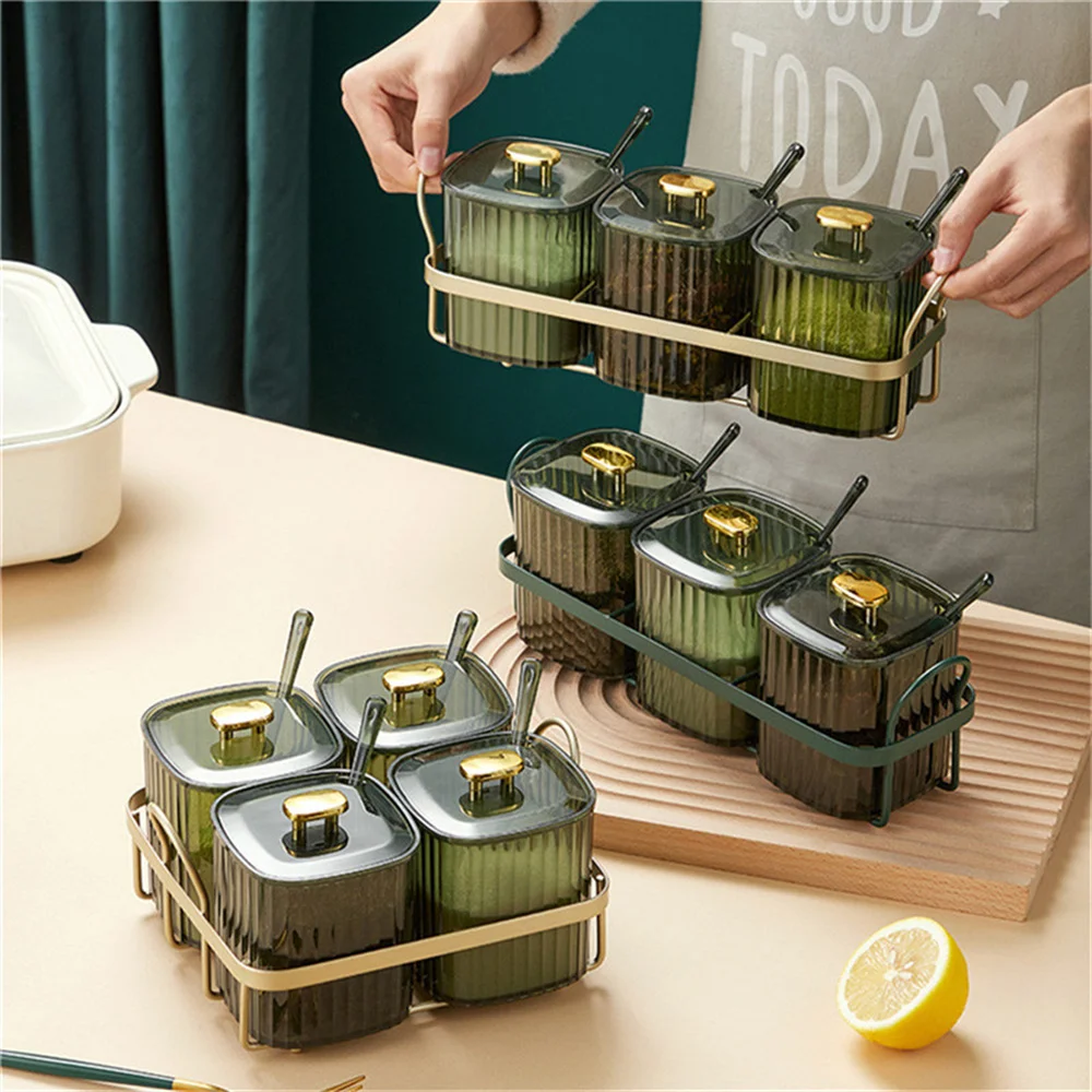 Luxury Sauce Container Set Salt Sugar Storage Box Sets With Cover Handle Spoon Kitchen Portable High Quality |