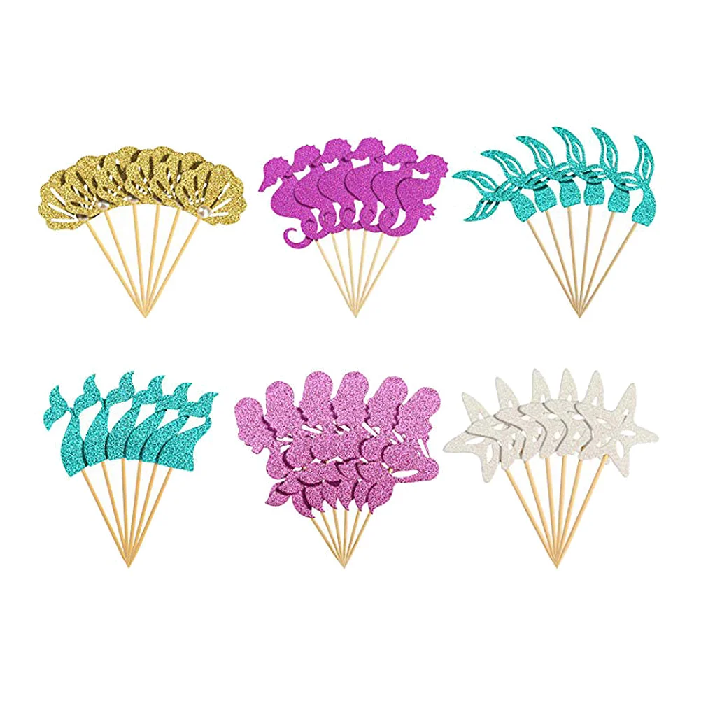 

36pcs Mermaid Glitter De Bautizo Para Niño Paper Birthday Cake Insert Bow Decorated Marine Life Cake Pick Cake Decor