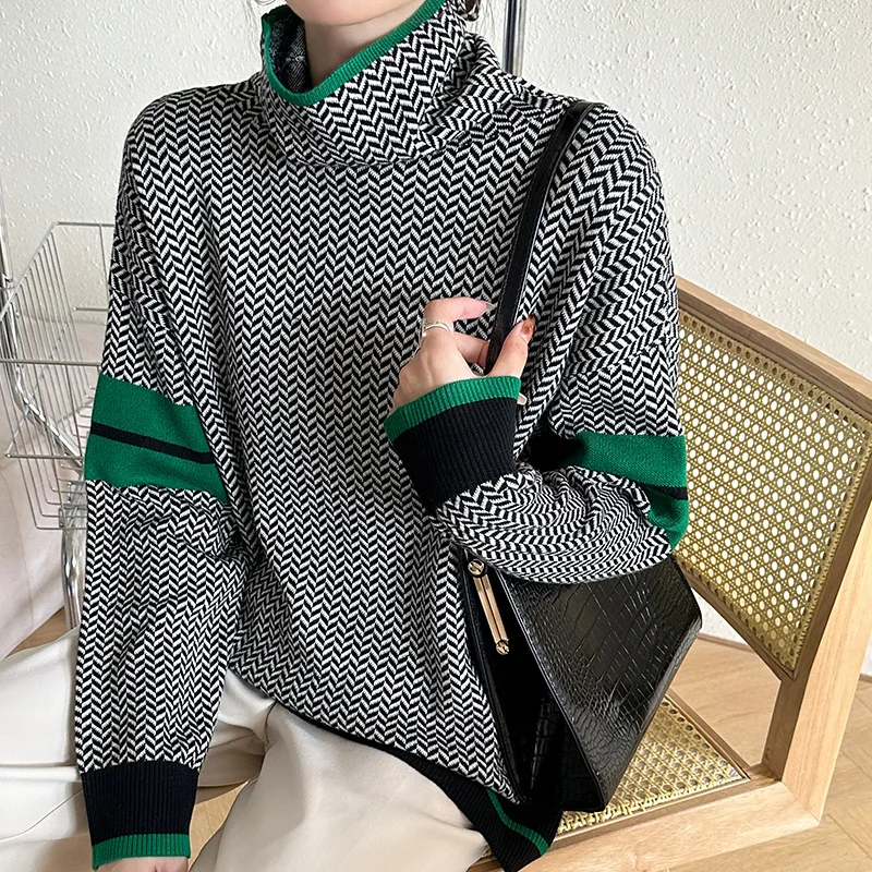 

Fashion Designer Splicing Sweater Women Turtleneck Sweater Pullover Knit Oversized Casual Loose Pullovers Tops Femme Outwear