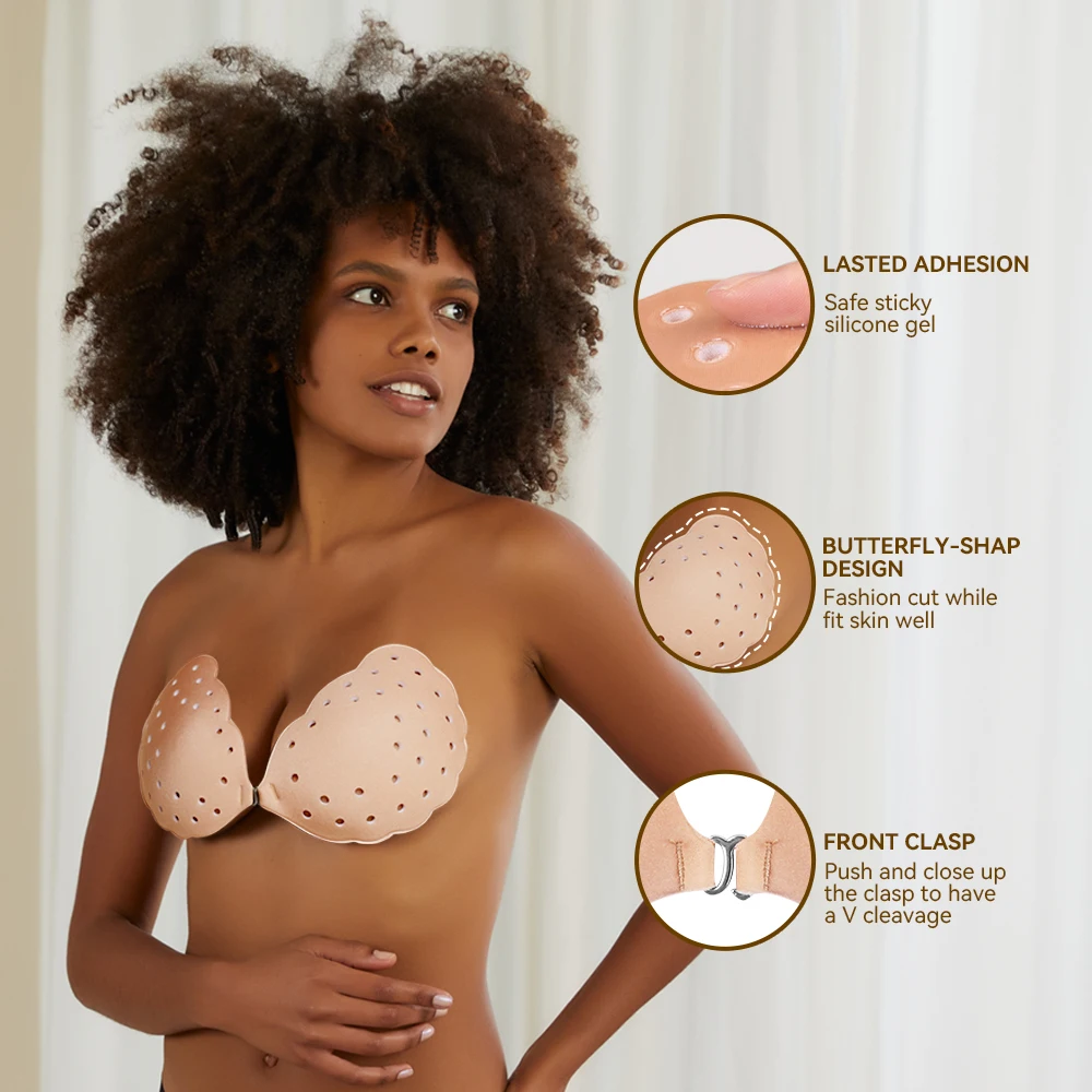 Niidor Adhesive Sticky Bra Invisible Strapless Breathable Skin Friendly Push Up Bras with Silicone Nipple Covers for Women Dress