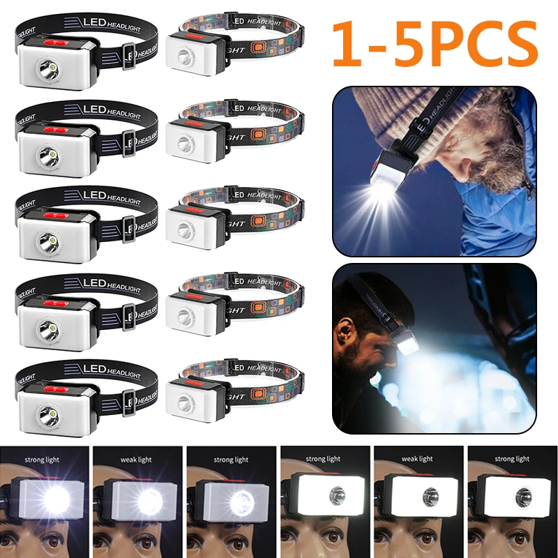 

1-5pc LED Headlamp Adjustable Waterproof Rechargeable Head Headlamp Lightweight 3Gear Dimming Multifunctional for Hiking Fishing