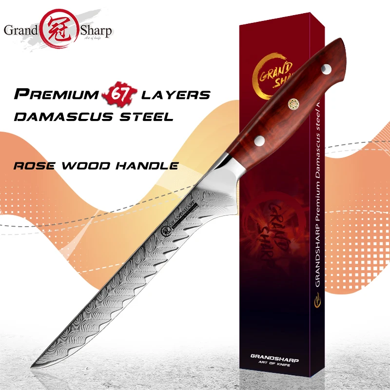 

Grandsharp 6 Inch Boning Knife AUS-10 Japanese Damascus Steel Fish Filleting Chef Kitchen Knives Butcher Tools Rosewood Handle