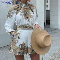 women elegant 2 pieces sets floral print stand collar button long sleeve top and shorts suits office lady vintage blouse outfits