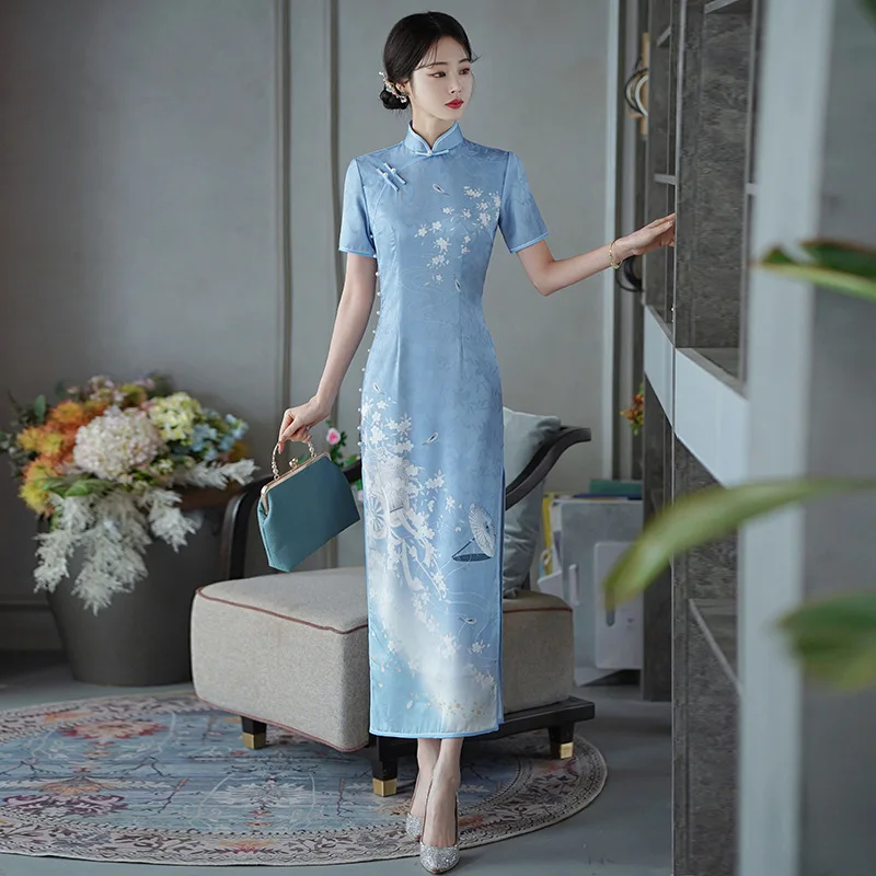 Новинка 2024 Осеннее длинное женское платье-Ципао Eveining Двухслойное в стиле ретро