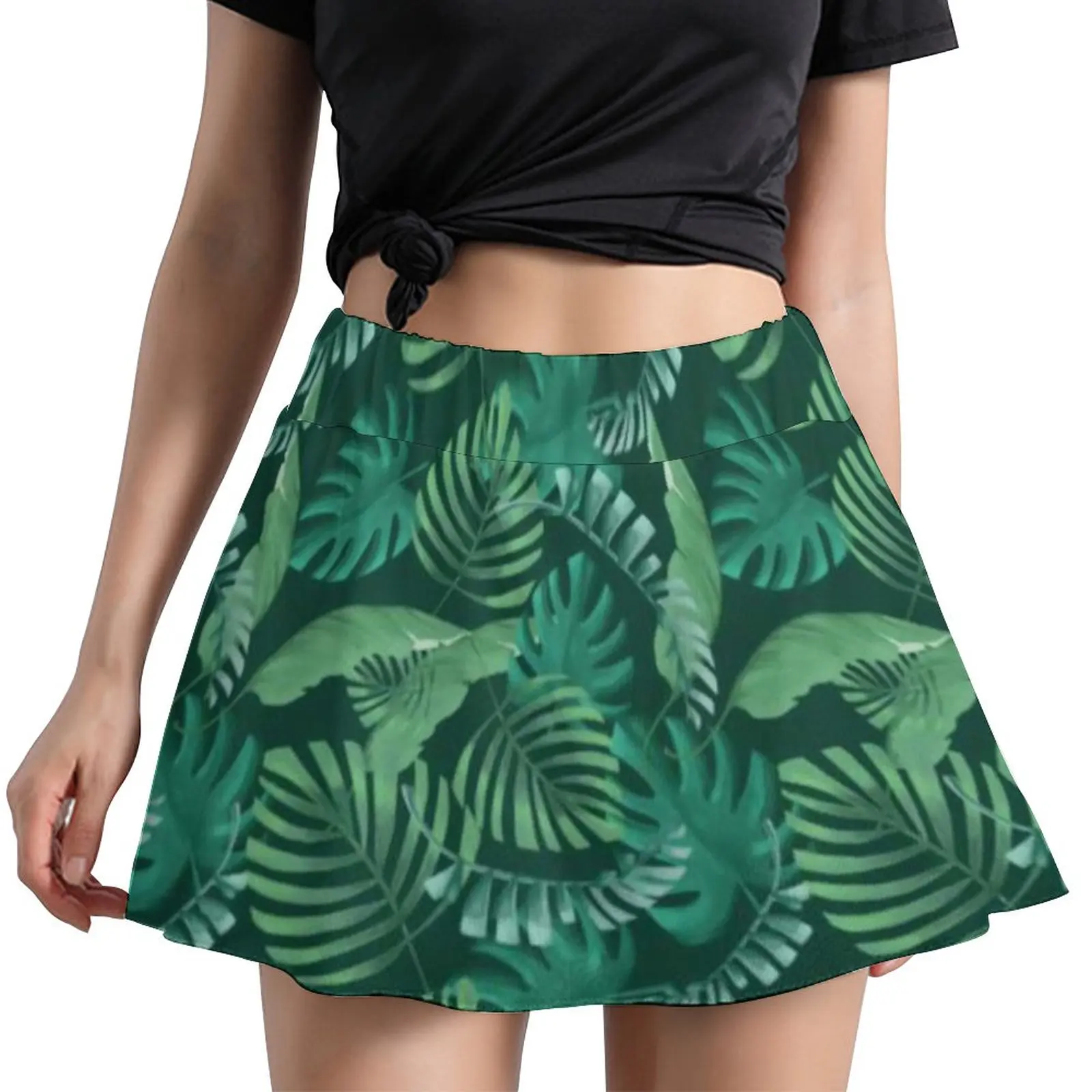 

Green Palm Leaves Skirt Tropical Leaf Print Retro Mini Skirts Summer Street Style Elastic Waist Oversized Casual A-line Skirt