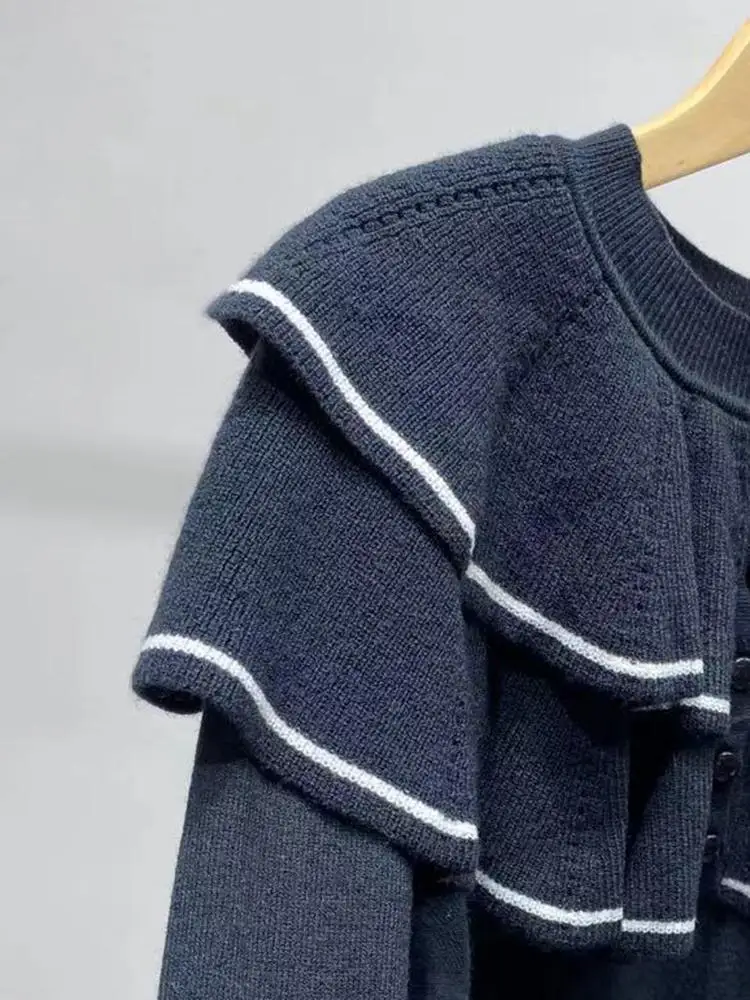 

2021 Autumn and Winter New Solid Color Lotus Leaf Collar Lace Knitted Cardigan Women Pullover Sweater