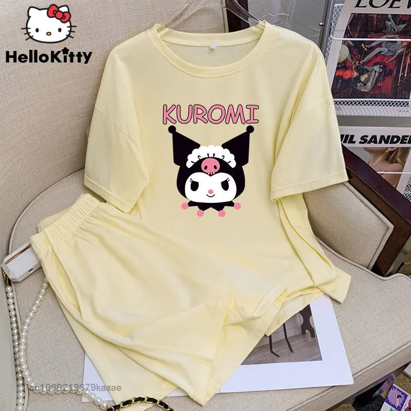 Sanrio Home Clothes Cartoon Kuromi Pajamas Suit Nightdress Two-piece Set Women Tops Loose Shorts Y2k Casual Sportssuit Sleepwear