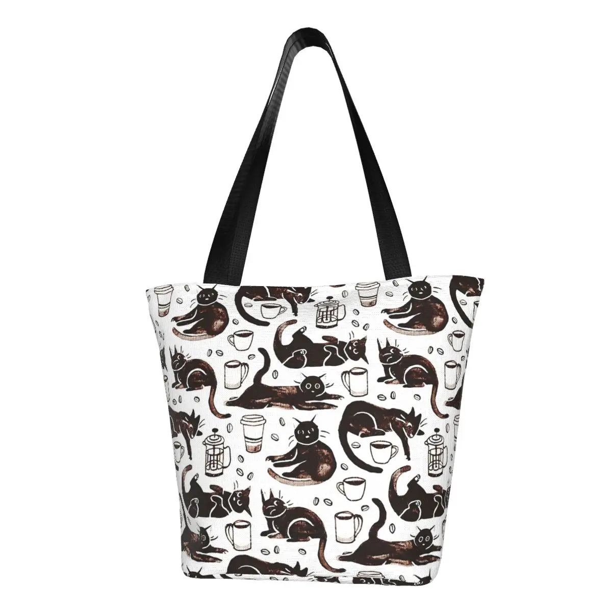 Gouache Black Cats & Coffee Shopping Bag Aesthetic Cloth Outdoor Handbag Female Fashion Bags