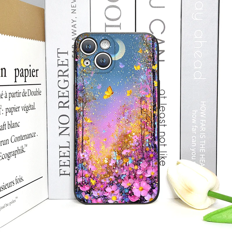 Стильный чехол для телефона с принтом «Луна, бабочки и цветы» для iPhone 17, 16, 12, 11, 14, 7, 8 Plus, 13, 14, 15 Pro Max, Mini, XR, XS – Мягкий цветочный чехол (art.: 3920da2465a49) - 3920da2465a49