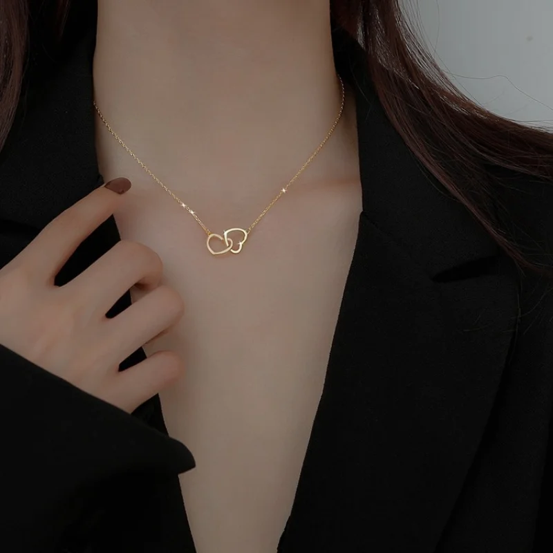 

Simple Double Heart Pendant Necklace for Women Couple Stainless Steel Choker Gold Color Chain Wedding Party Friends Jewelry Gift