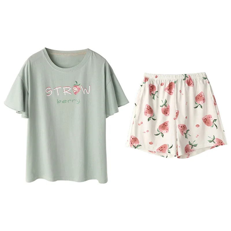 Qweek Strawberry Print Pajamas Cotton Two Piece Set Summer Pyjamas Women's Home Clothes Lounge Wear Sleepwear Homewear Pijamas