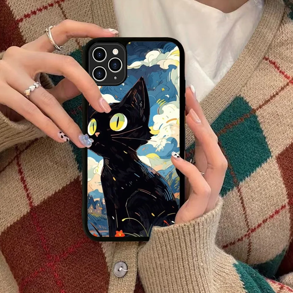 Artistic Black Cat Starry Night Silicone PC+TPU For IPhone 11 12 13 14 15 16 Plus Pro Max Cover