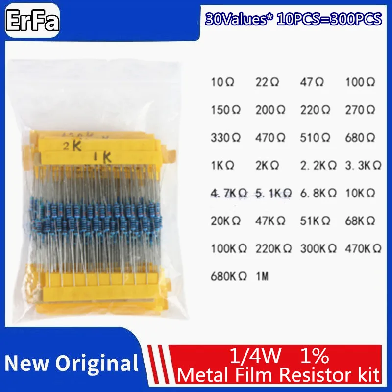 

300PCS/LOT 1/4W Metal Film Resistor Kit 1% Resistor Assorted Kit Set 10R -1M Ohm Resistance Pack 30 Values each 10 pcs